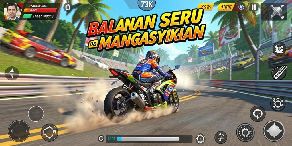 Menampilkan adegan balapan intens di lintasan yang menakjubkan.