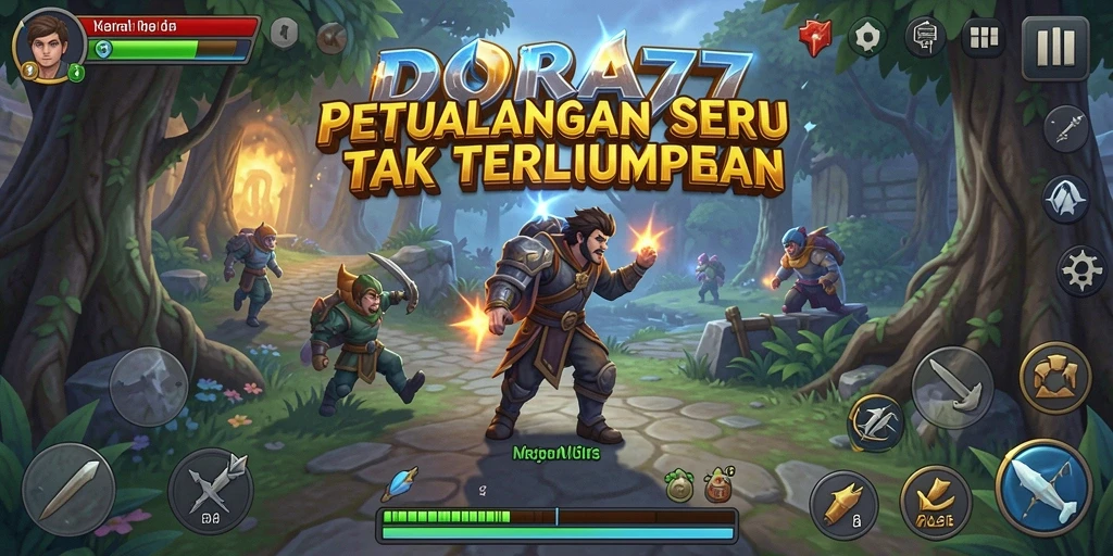 Screenshot utama DORA77 menampilkan aksi petualangan seru di dunia penuh warna.