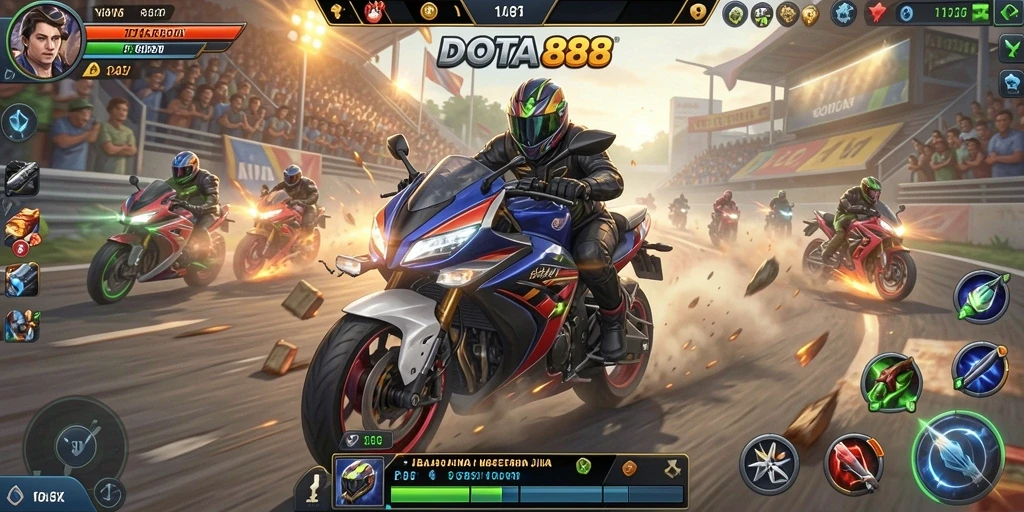 Tampilan gameplay DOTA88 yang mendebarkan saat balapan motor.