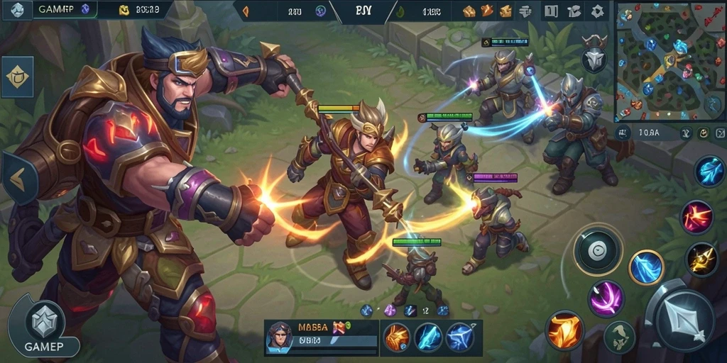 Tampilan pertarungan seru di GAMERP dengan gameplay MOBA yang menarik.