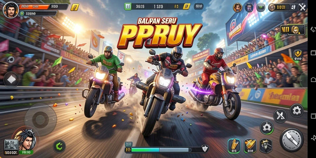 Tampilan balapan yang seru dalam PPRRYY dengan kendaraan berkecepatan tinggi.