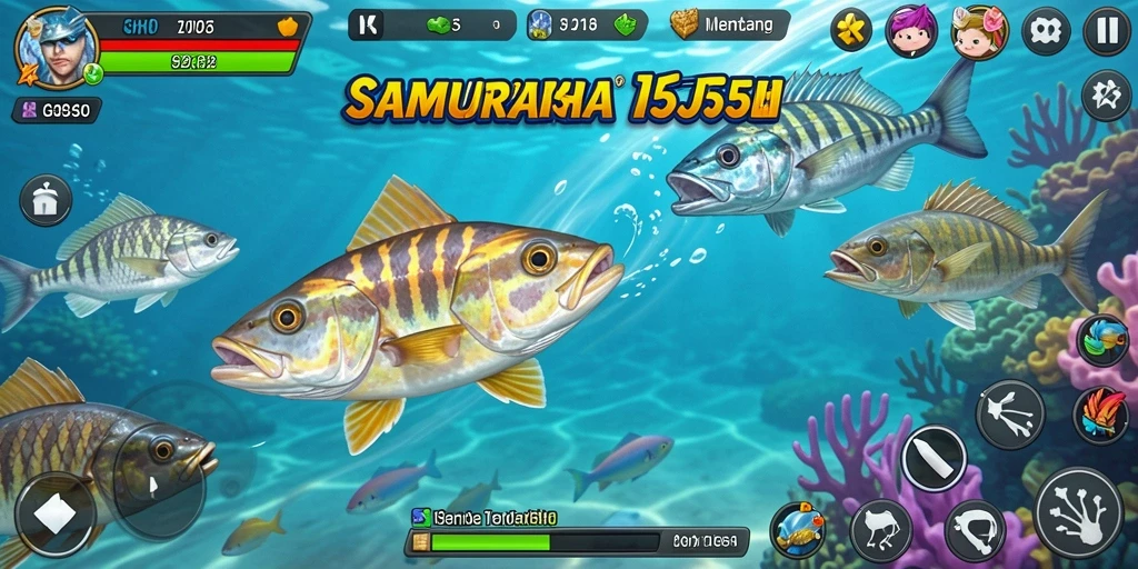 Screenshot gameplay <strong>SAMURAI555</strong> menampilkan aksi seru menangkap ikan.