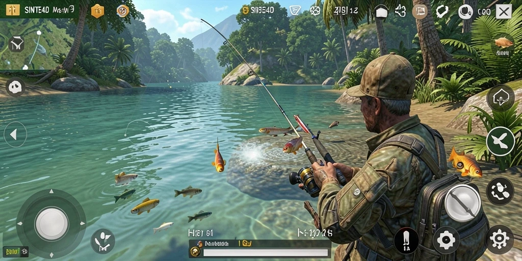 Screenshot gameplay SINTE4D menampilkan momen mendebarkan saat memancing ikan.